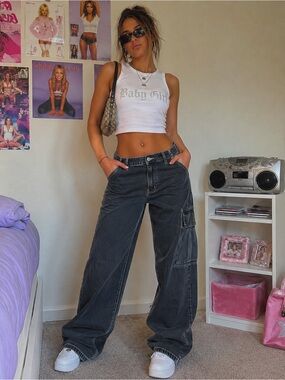 Etica Y2K Black Cargo Jeans Low Rise Wide Leg Utility Pocket Denim Size 28